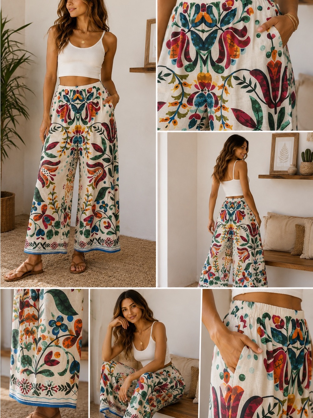 Linen Suzani Tapestry Folkloric Botanical Print Wide-Leg Pants - Picture 2 of 3